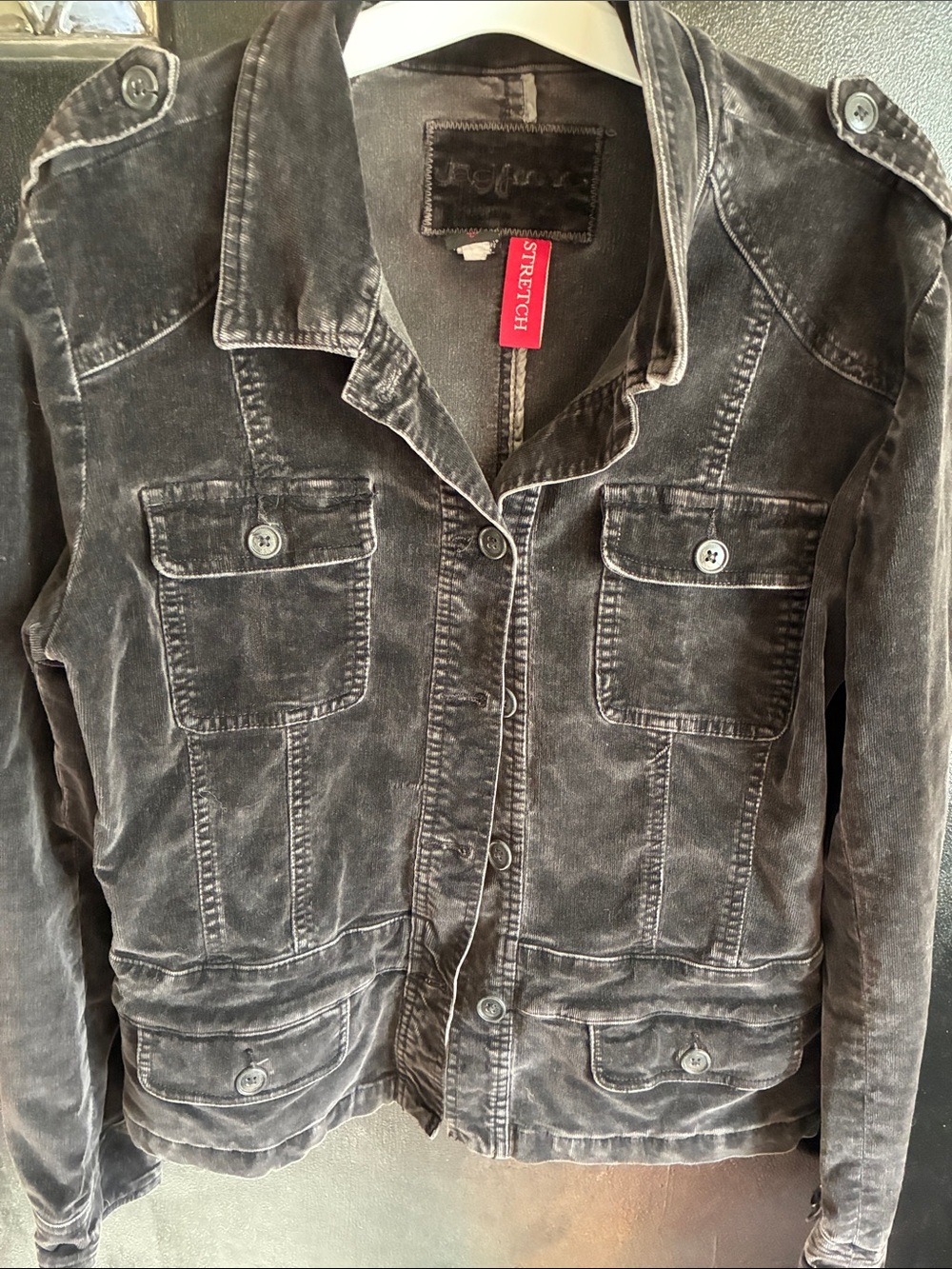 Y2K 2010 Distressed Corduroy Velvet Black Utility Jacket L Cotton Spandex